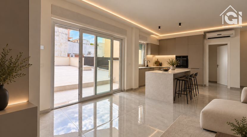 Cucina taupe con isola in pietra