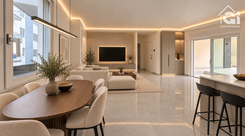 Interno contemporaneo con tavolo, divano e isola