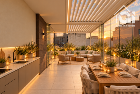 Pergola bioclimatica vetrata al tramonto