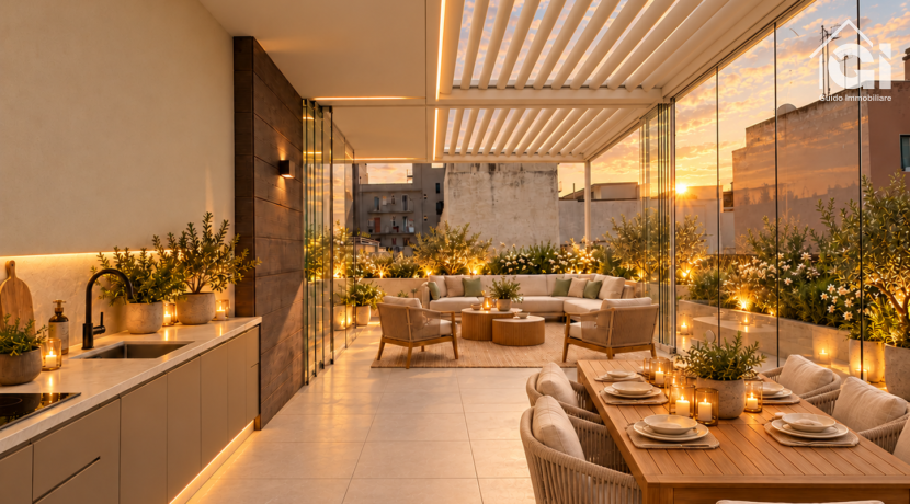 Pergola bioclimatica vetrata al tramonto