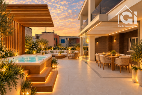 Terrazza pergolata con parete lignea continua