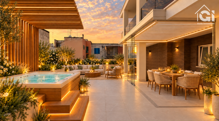 Terrazza pergolata con parete lignea continua